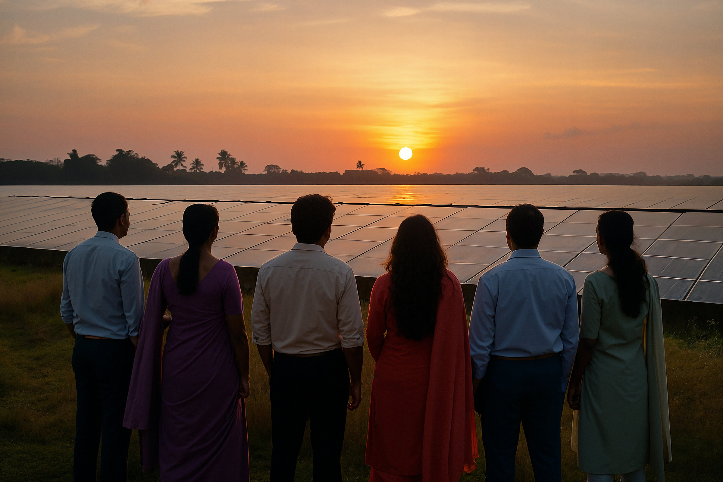 Back view of a solar team standing in a solar farm at sunset in Kerala, preparing for a meeting, with solar panels and greenery in the background